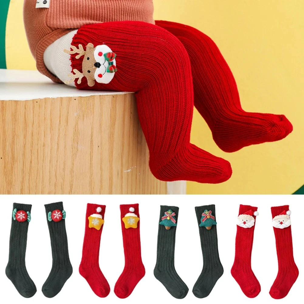 

Детские рождественские носки для девочек, осенне-зимние длинные детские носки до колена с изображением дерева для малышей, мягкие хлопковые красные носки для новорожденных