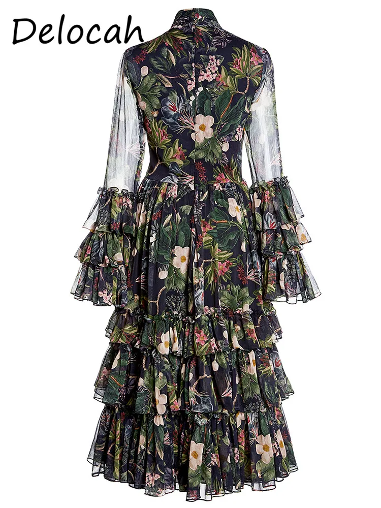 Делока французское винтажное платье с принтом юбка длинными рукавами и рюшами