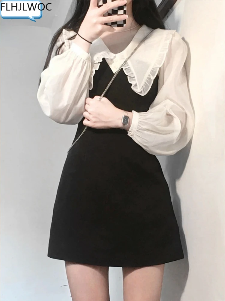 

Chic Korea Peter Pan Collar White Shirt Dress 2022 Female Japan Cute Girls Patchwork Faux 2-Piece Design Feminine Vestidos