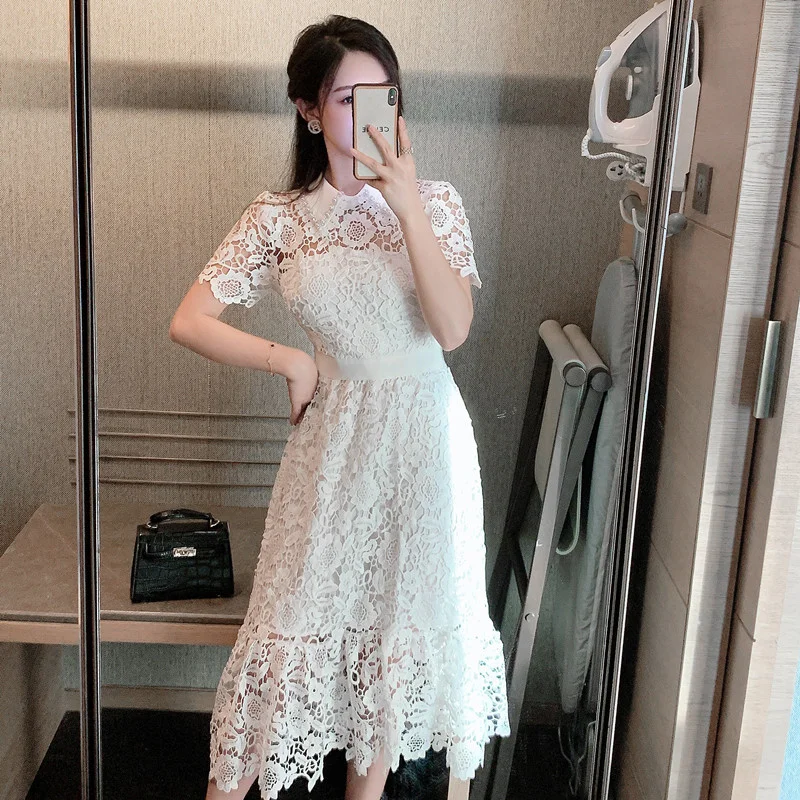 

2022 Women White Spring Summer Dress Beading Hollow Out Lining Lace Short sleeve Party Midi Dresses Designer Runway Dress F042