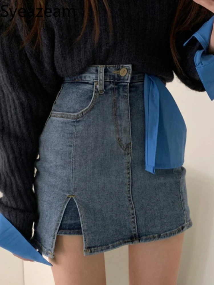 

Syeazeam Mini Denim Skirt Women Korean Chic Summer High-waisted Side Split Elastic Bag Hip Pencil Skirts Hakama Korean Style