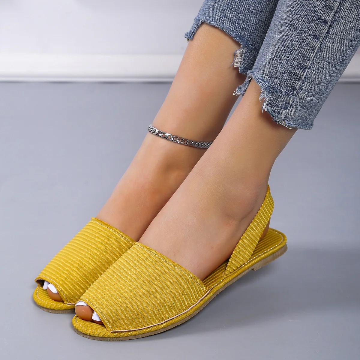 

2022 Women Summer Solid Yellow Stripe Open Toe Sandals Slingback Fashion Flat Heel Wedge Shoes Ankle Dress Shoes
