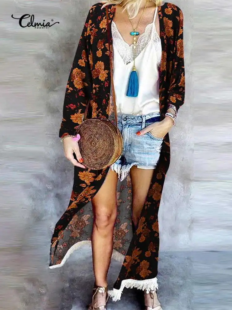 

Винтажная пляжная Длинная накидка Celmia, повседневные богемные кимоно с длинным рукавом и цветочным принтом, летние женские кардиганы, блузк...