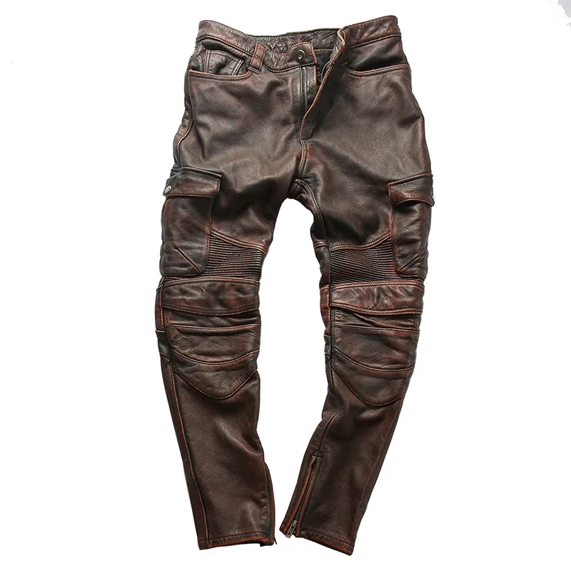 

14oz Shipping Super Fast Colourful Rock Can Roll Genuine Cow Leather Motorcycle Rider Pants Vintage Large Size Cowhide Trousers
