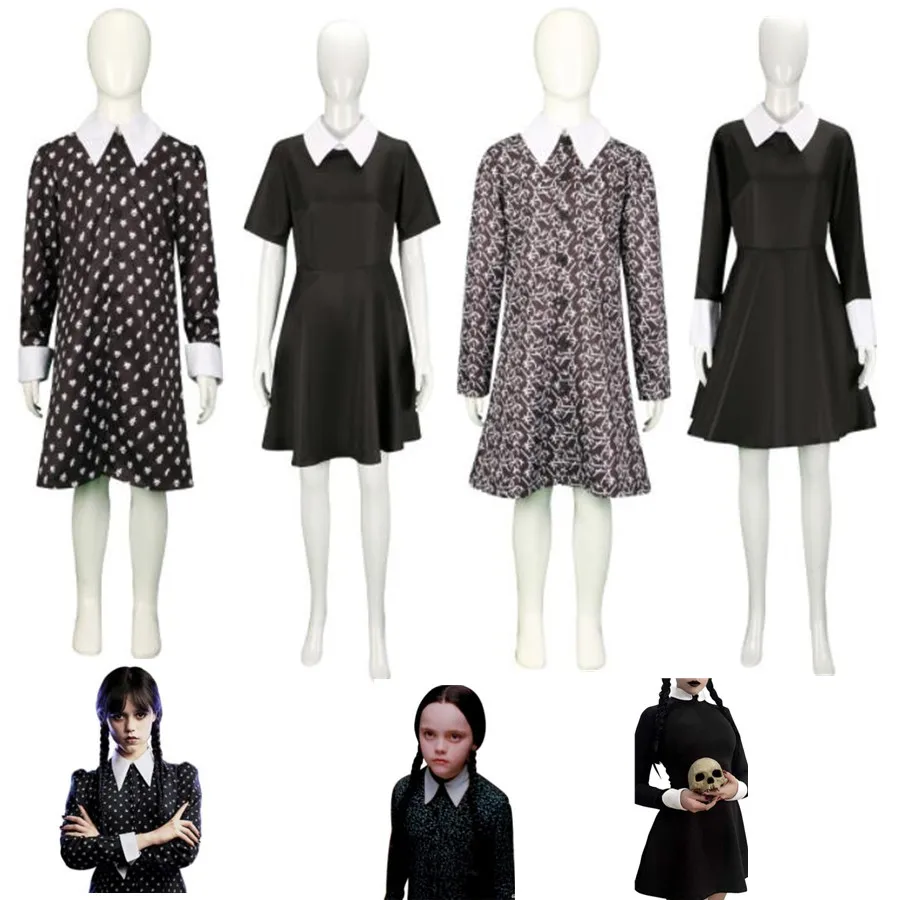 

Wednesday Addams Morticia American TV Series Cosplay Costume Printing Dress Children Girl Kawaii Halloween Birthday Party Suit