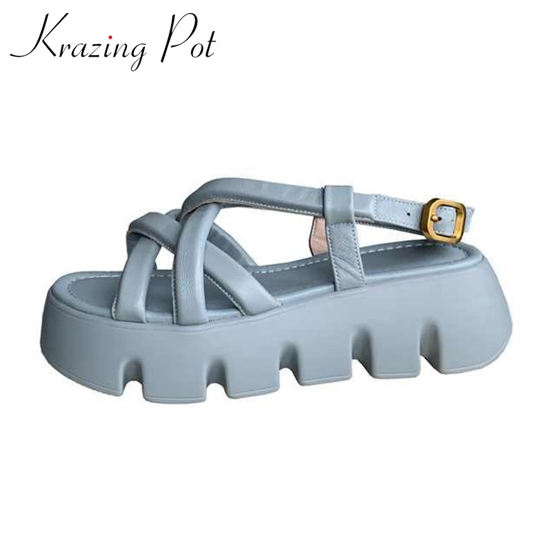 

Krazing Pot Sheep Leather Thick Bottom Summer Shoes Platform Narrow Band Young Lady Streetwear Fashion Solid Women Sandals L18