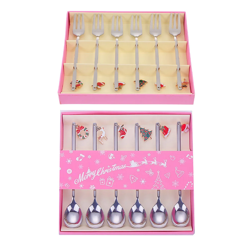 

Spoons Christmas Forks Spoon Dessertset Kit Tea Fork Silverware Steel Pendant Utensils Fruit Flatware Cocktail Stainless Sugar