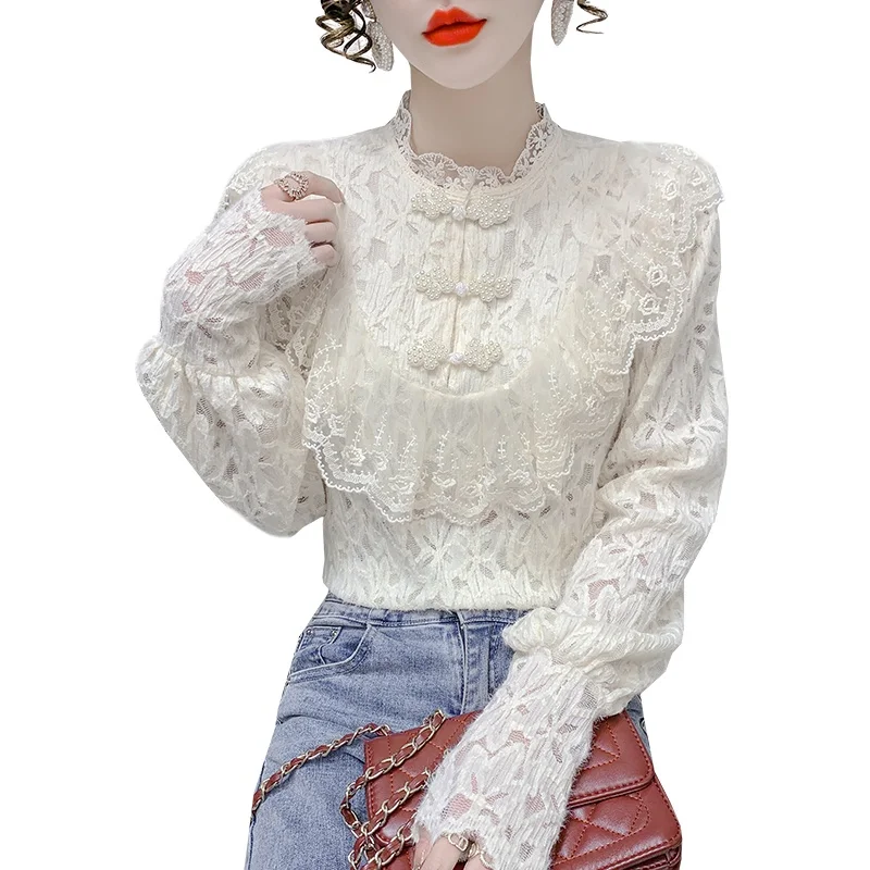 Кружевная рубашка с рюшами в стиле ретро женская утепленная на флисовой
