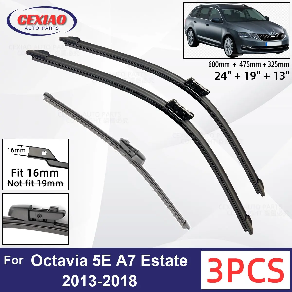 

For SKODA Octavia 5E A7 Estate 2013 - 2018 Car Front Rear Wiper Blades Soft Rubber Windscreen Wipers Auto Windshield 24"+19"+13"