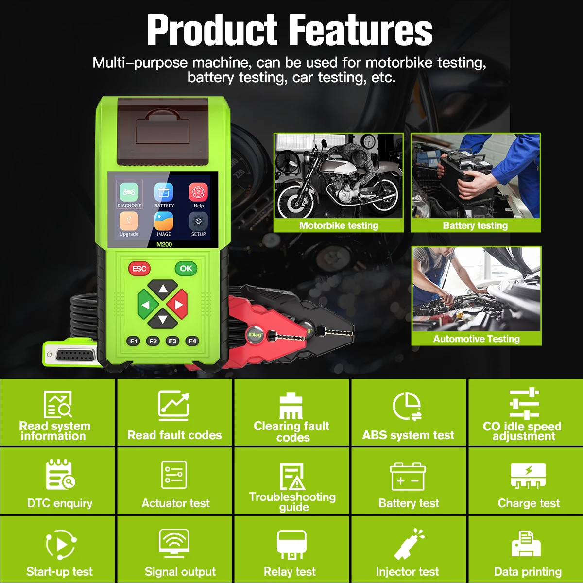JDiag M200 мотоциклетный диагностический сканер OBD2 Moto Fault Code Reader тестер батареи Motoscan
