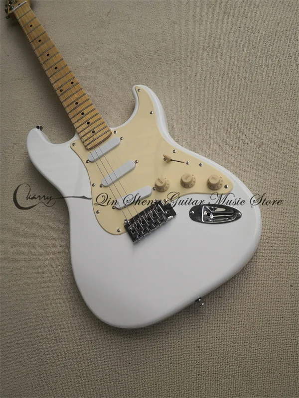 

White Electric Guitar, Stra Guitar, Cream Pickguard, Basswood Body, Maple Wood, Fixed Bridge