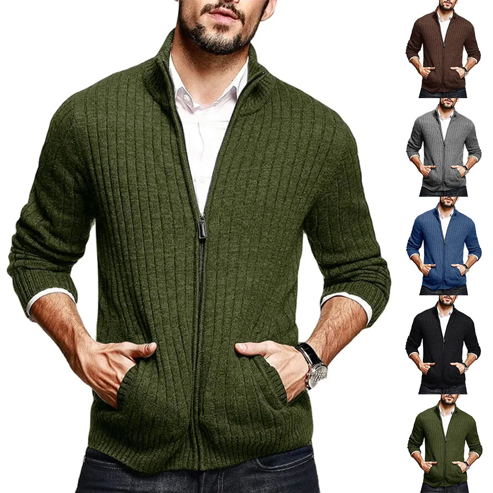 

2023 Autumn/winter New Sweater Men Solid Color Half High Neck Long Sleeve Zipper Slim Fit Knitted Cardigan Men