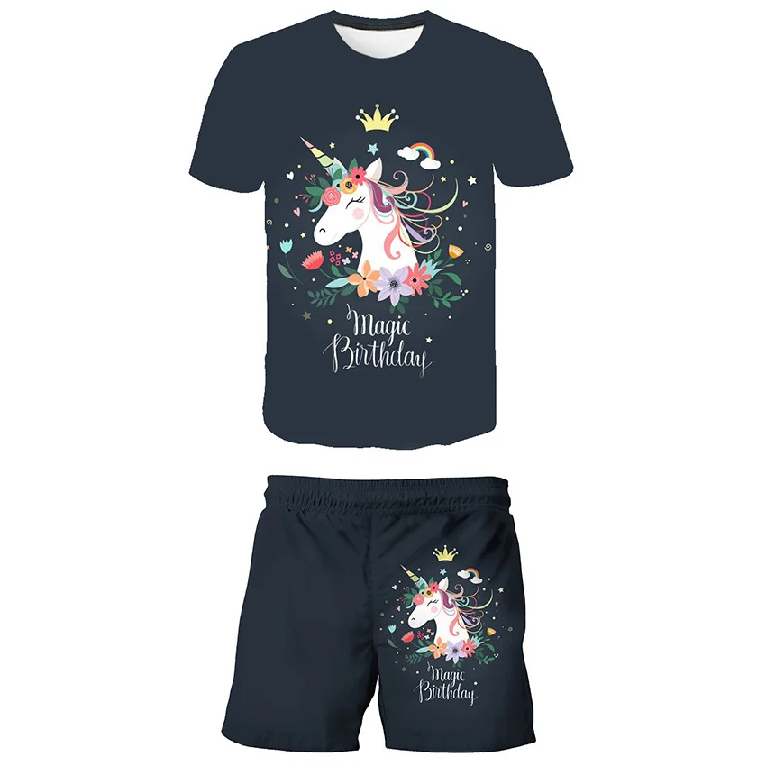 

Summer Girls Unicorn Clothes Suit Children Fashion Boys Girls Cartoon T-Shirt Shorts 2Pcs set Casual Clothing Kids Tracksuits