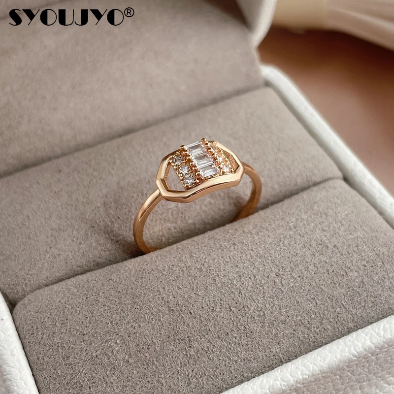 

Женские квадратные кольца SYOUJYO с натуральным цирконом, полностью закрепленные, современные модные ювелирные изделия из розового золота 585 п...