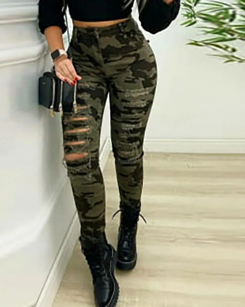 Camouflage Print Fringe Hem Cutout Jeans Women High Waist Slim Pencil Pants Spring Summer Ripped Hollow Out Sexy