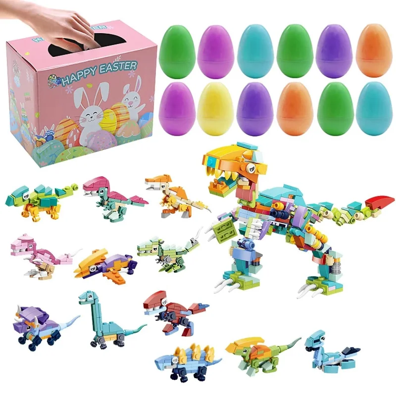 

12 Pcs Prefilled Easter Eggs with Dinosaur Building Blocks Surprise Easter Egg rabbit Toy for Kids Boy Girl Classroom Prize Toys