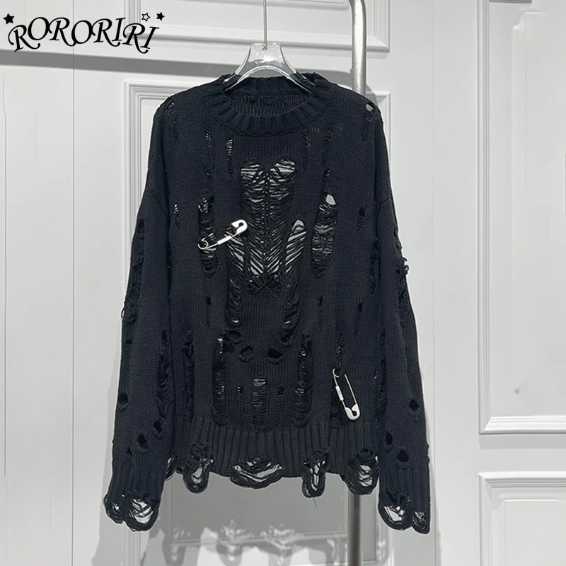 RORORIRI рваный вязаный свитер с большими булавками женский свободный однотонный