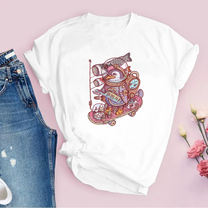 

Penguin Space Suits T-shirt Women Printed Casual Cartoon Tees Short Sleeve Tops Fashion Ladies Clothing Summer Graphic T-shirt