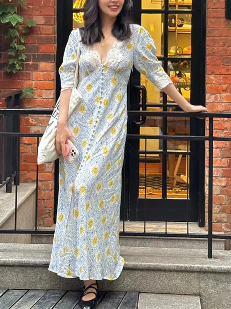 Women's Lace Trimmed V-Neck Midi Robe 2023 Summer Side Zipper Single-Breasted Lady Temperament Paisley Printed Fishtail Dress