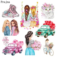 prajna fashion girl heat transfer patch cartoon flower car iron on transfers for clothing t shirt thermo stickers applique diy
