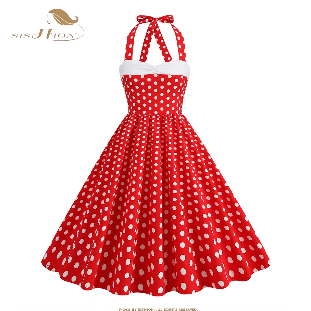 

2023 Elegant Summer Halter Polka Dot Women's Party Dress 50s Retro Vintage A Line Swing Dress Black Red Blue Dress Robe VD4033