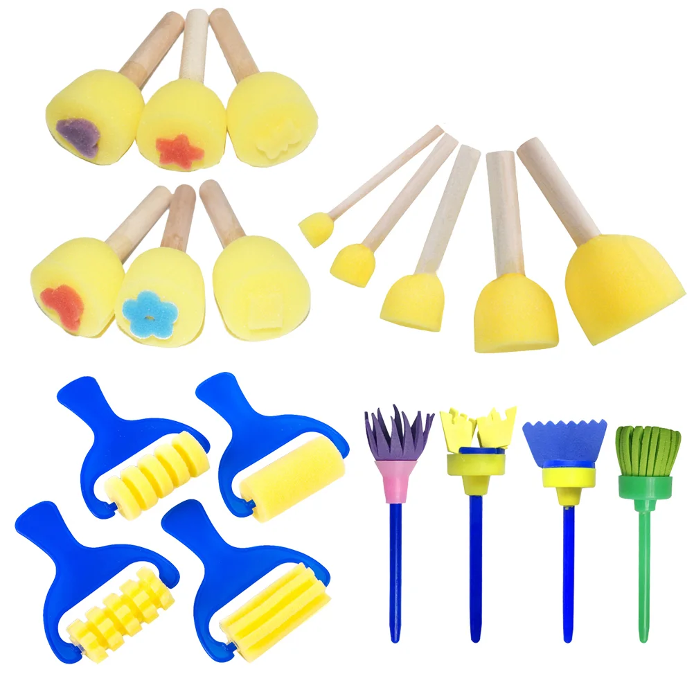 

19 PCS Round Sponge Watercolor Painting Pen Brush Kids Painting Sponge Wooden Children DIY Learning Preschool