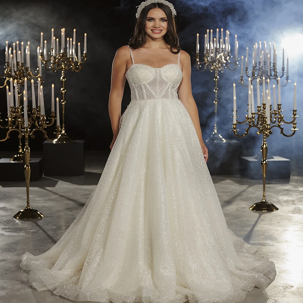 

Блестящее свадебное платье с блестками, сексуальное богемное свадебное платье-трапеция на бретелях-спагетти с открытой спиной, 2022