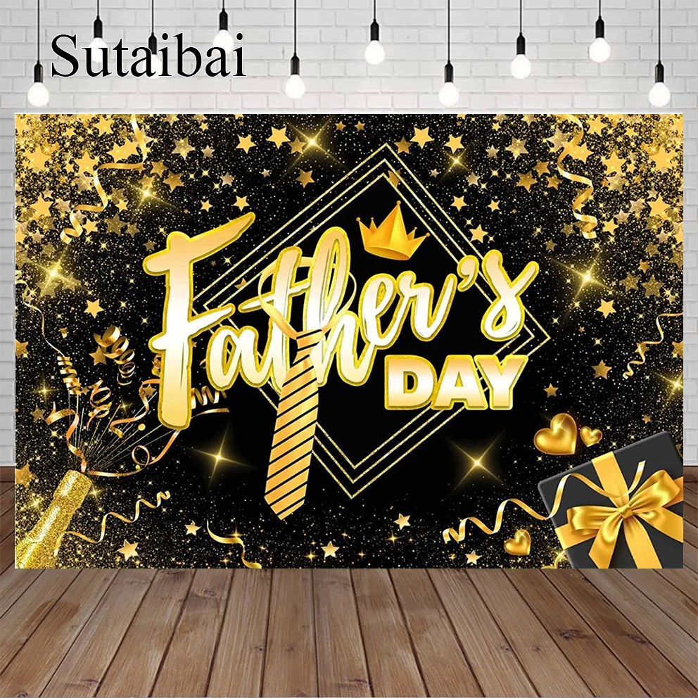 

Happy Father's Day Party Backdrop I Love Dad Thank You Daddy Best Dad Ever Background Black and Gold Glitter Decoration