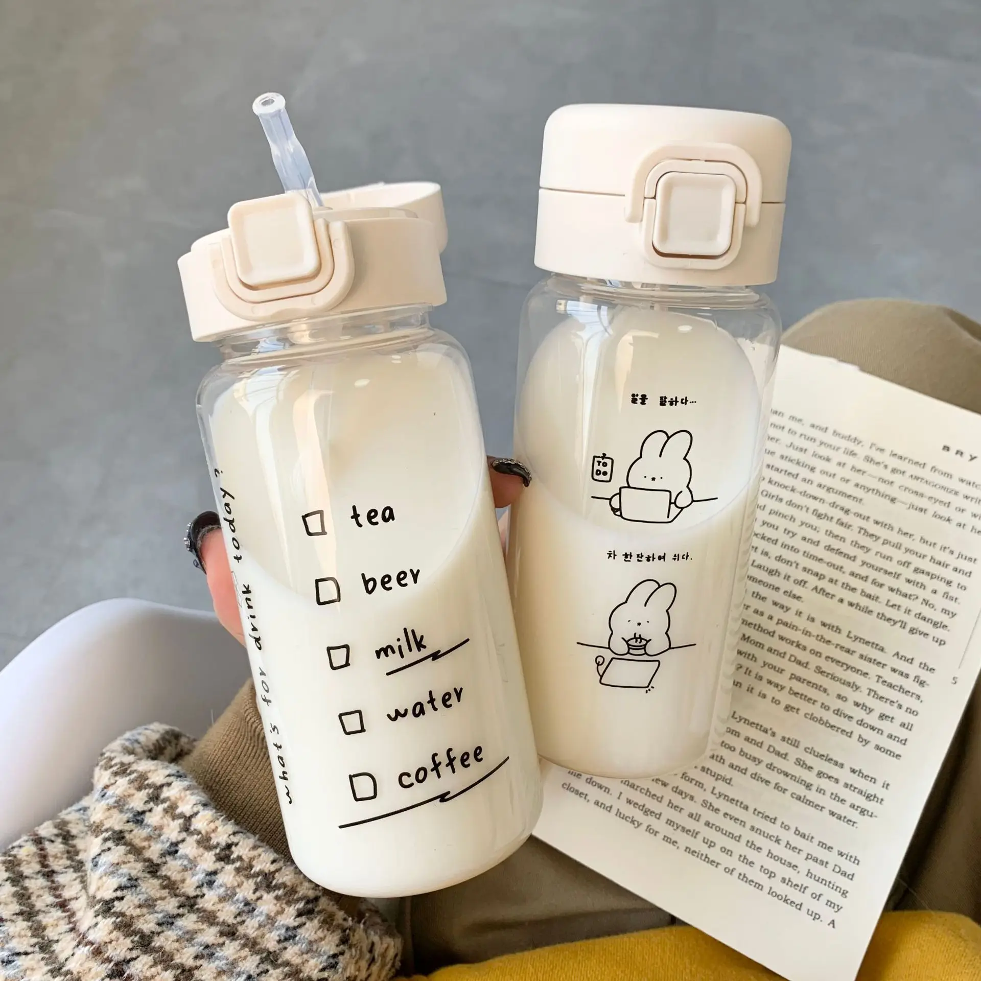 

Creative Cute Water Bottle With Straw for Drinking Milk Coffee Tea Portable Leak-proof Plastic Drinking Bottle INS Student Cup