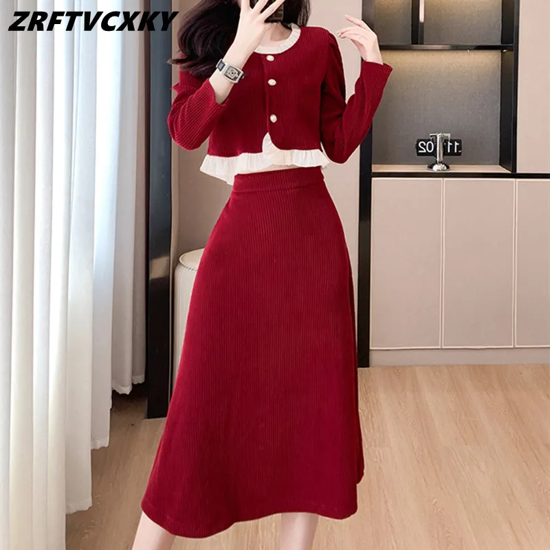 

Женский винтажный вельветовый костюм, комплект из двух предметов, Осенний дизайнерский лоскутный топ с оборками и юбка-трапеция миди с высокой талией, модный наряд