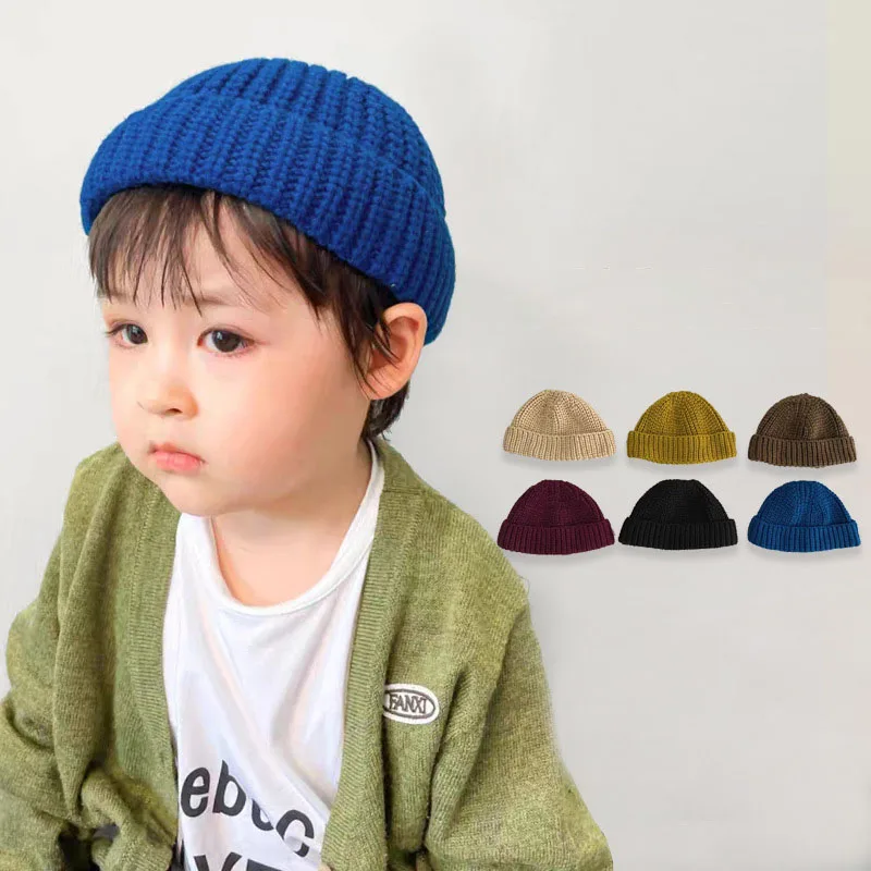 

Children's Autumn and Winter New Fashion Solid Color Melon Skin Knitted Pullover Cap