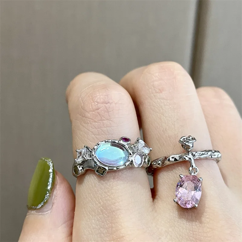 

2022 Kpop Trend Geometric Crystal Gems Metal Ring For Women Egirl Luxury Y2k Vintage Grunge Aesthetic 90s Jewelry Accessories