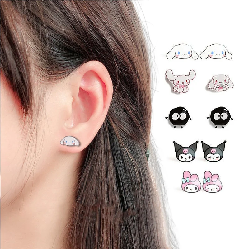 

4Pcs Kawaii Sanrio Kuromi Silver Needle Earrings Anime Cartoon Hello Kitty Cinnamoroll My Melody Korean Ins Cute Sweet Ear Studs