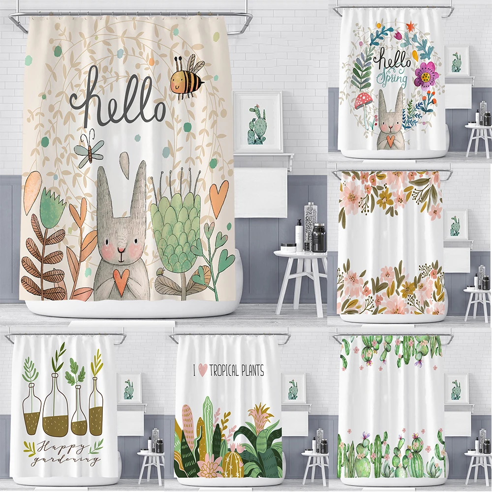 Cartoon Bunny Rabbit Shower Curtain Easter Bathroom Decor Waterproof Polyester Fabric Plant Flower Leaf Bath Curtain with Hooks  - buy with discount