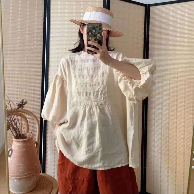 Женская кружевная блузка в стиле ретро Johnature однотонная Свободная рубашка с