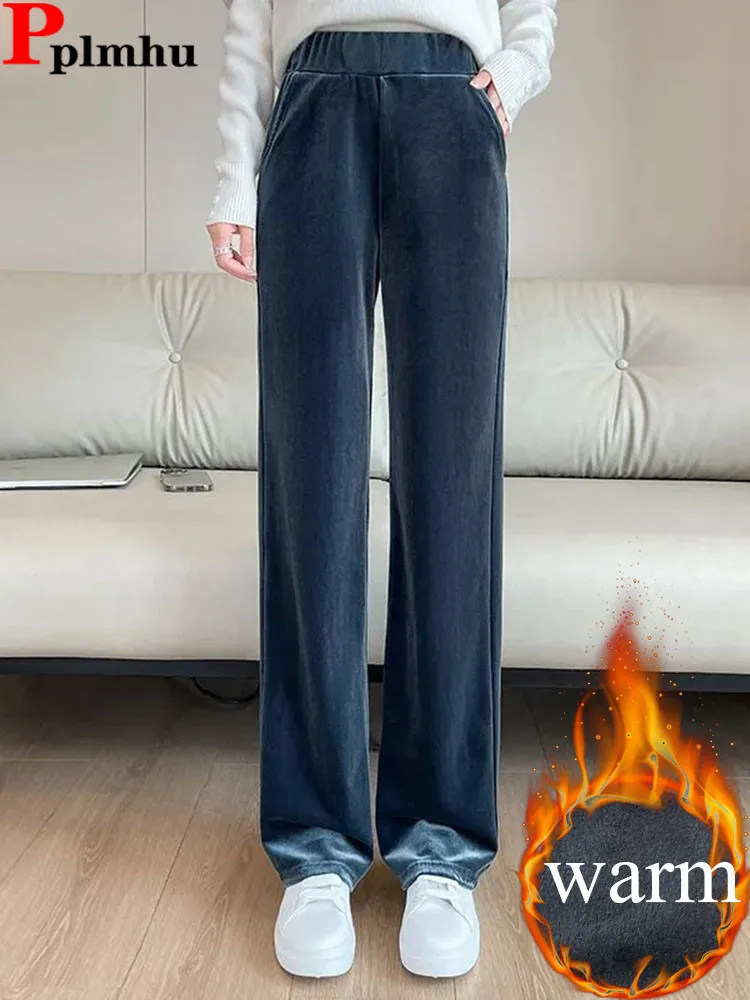 Pleuche утепленные свободные спортивные штаны женские эластичные прямые брюки с