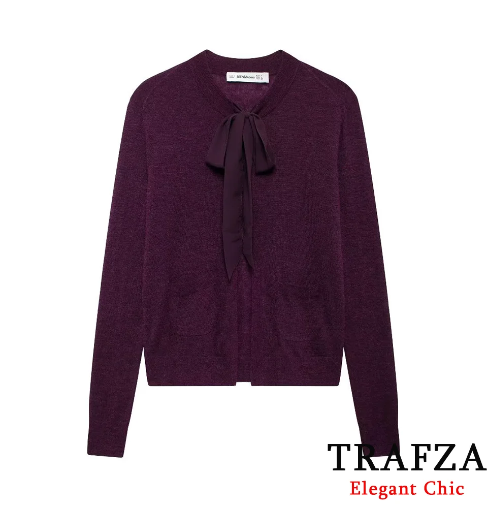 TRAFZA женский тонкий бордовый кардиган свитер с бантом смешанный осень-зима 2023