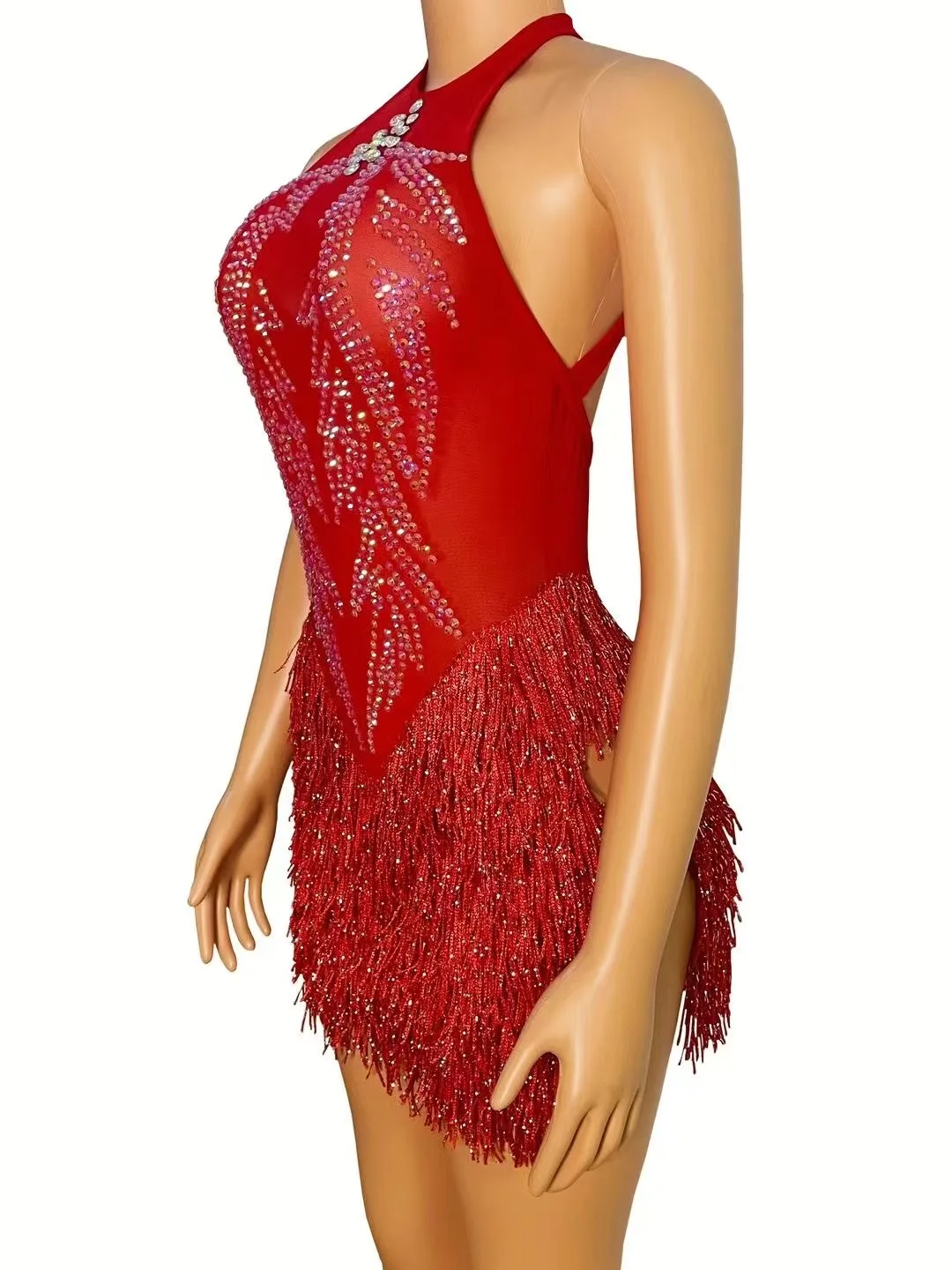 Женское сексуальное красное эластичное платье без рукавов со стразами и