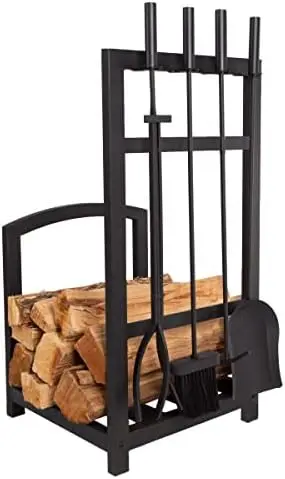 

Fireplace Tool Set and Log with Shovel, Broom, Poker, and Tongs \u2013 Matte Black Wrought Iron Mission-Style Firewood