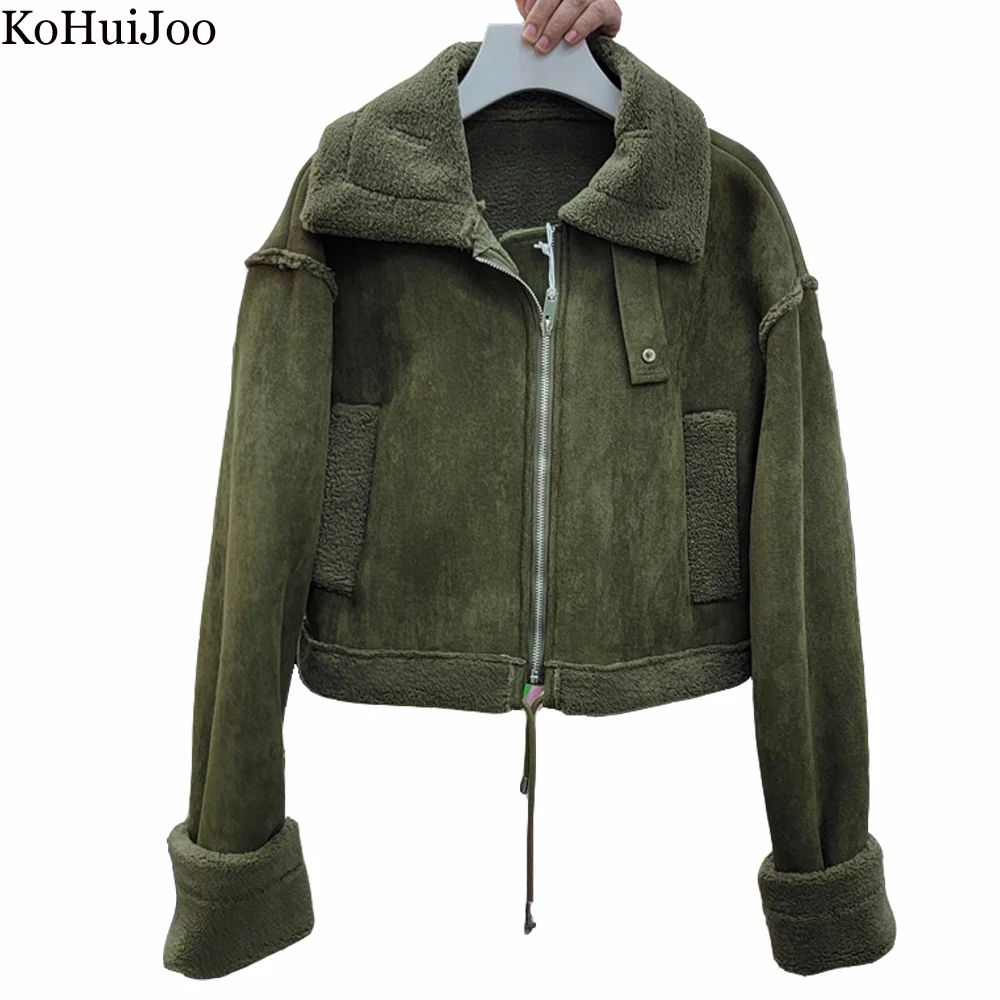 Winter Women Short Motorcycle Jacket Ladies FullSleeve Zipper Wear Plush Thickened Suede Leatther Lambs Wool Fur Coats