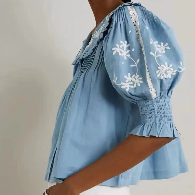 

Новинка лета 2023, вышивка литературы и искусства, складки, V-образный отворот, Женская подкладка для кукольной рубашки с пышными рукавами