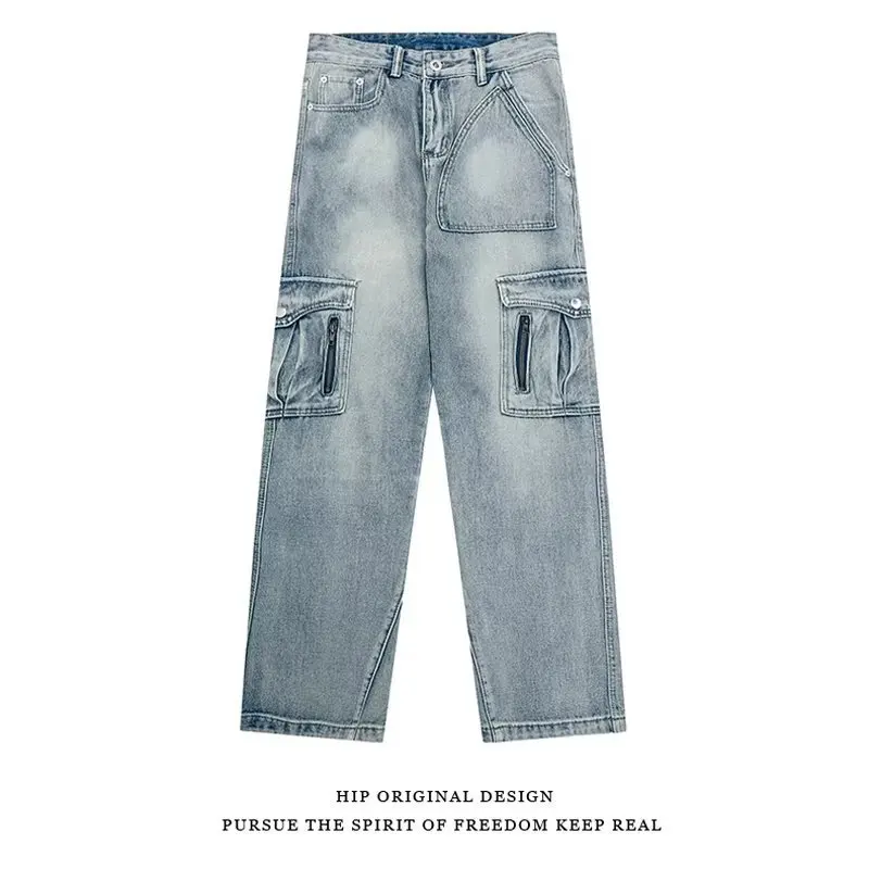 American Retro Jeans Mens Fashion High Street Multi-pocket Overalls Loose Straight Washing Old Trousers for Men