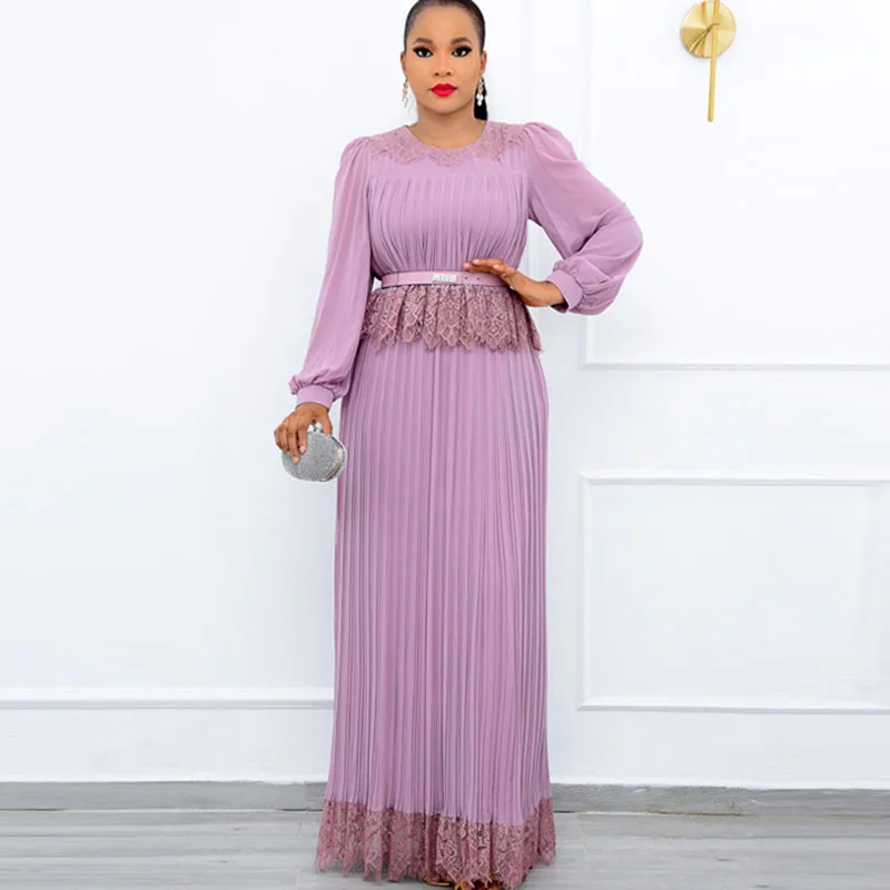 

Женское платье макси в африканском стиле, новинка 2022, модные Соблазнительные плиссированные кружевные вечерние платья с круглым вырезом в стиле пэчворк, осенняя абайя, туника, платье, платья