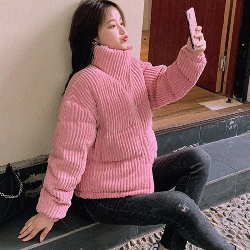 girl top 2022 Winter Thicken Warm Jacket Women Korean Stand Collar Corduroy Parkas Female Pink Blue Cotton-Padded Short