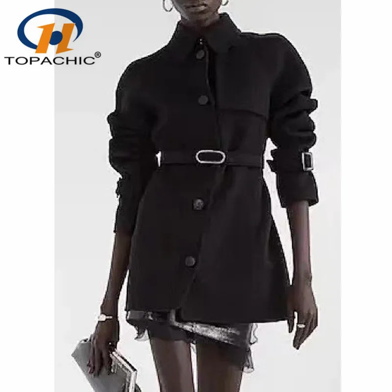 

10.27 High Quality New Solid Temperament Letter Metal Belt Slim Design Wool Blend Trench Coat Women