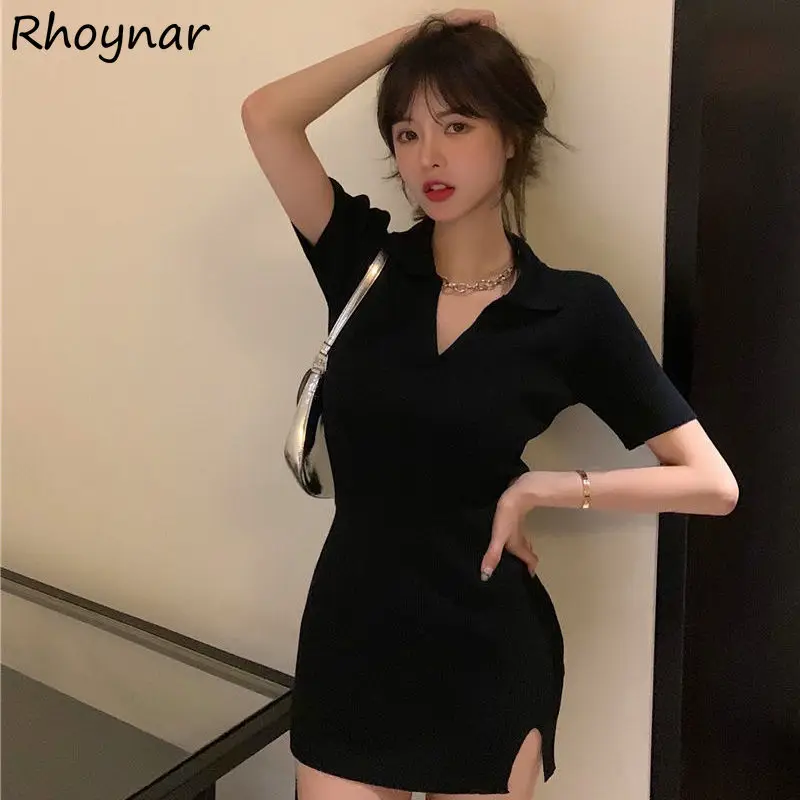 

Short Sleeve Dress Women Black Mini Side-slit Sexy Elegant Club Chic Ulzzang Girlish Female Vestidos Summer Slim Party Aesthetic