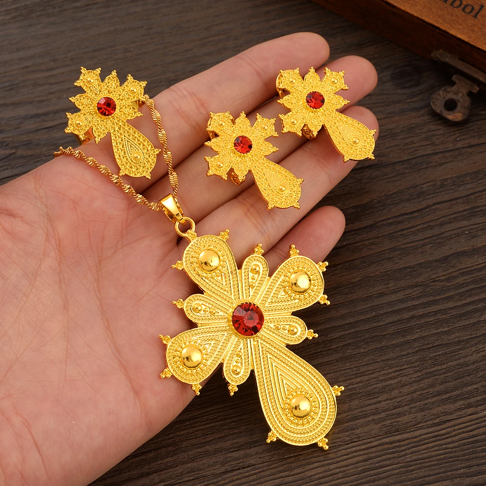 

Ethiopian Gold Color Cross Necklace Earring Ring African Bridal Jewellery Set Habesha Party Jewelry