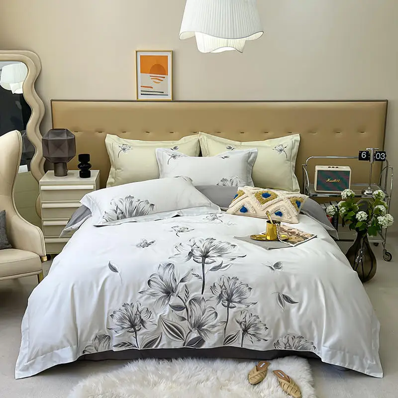 

100s Long Staple Cotton High-end Light Luxury Embroidery BeddingSet DuvetCover Set Bed Sheet fitted pillowcas for bed queen king