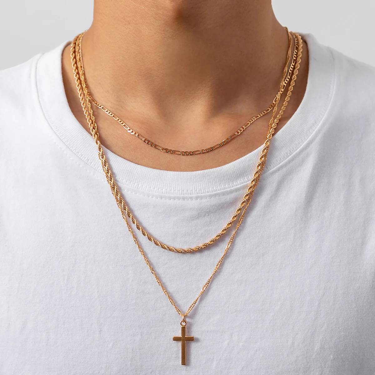 

Salircon Fashion Multi-layer Hip-Hop Figaro Chain Necklace Men Punk Metal Cross Pendant Twisted Singapore Chain Necklace Jewelry