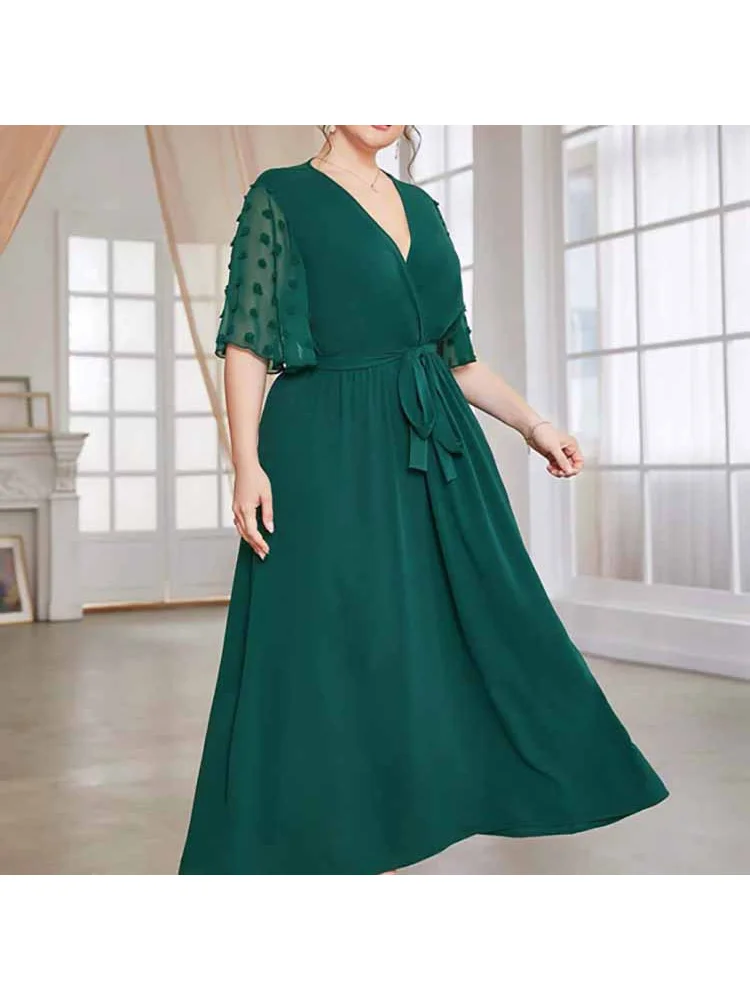 Dot simple skirt elastic waist print dress large size women temperament plus size  v neck dress